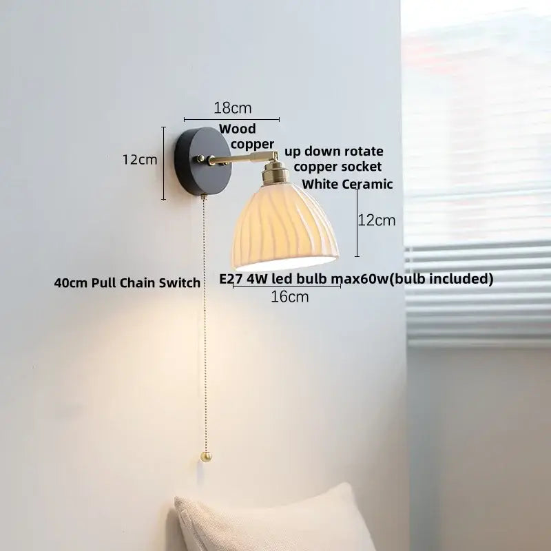 Industrial black wood led wall sconce with brass pull chain bedroom light