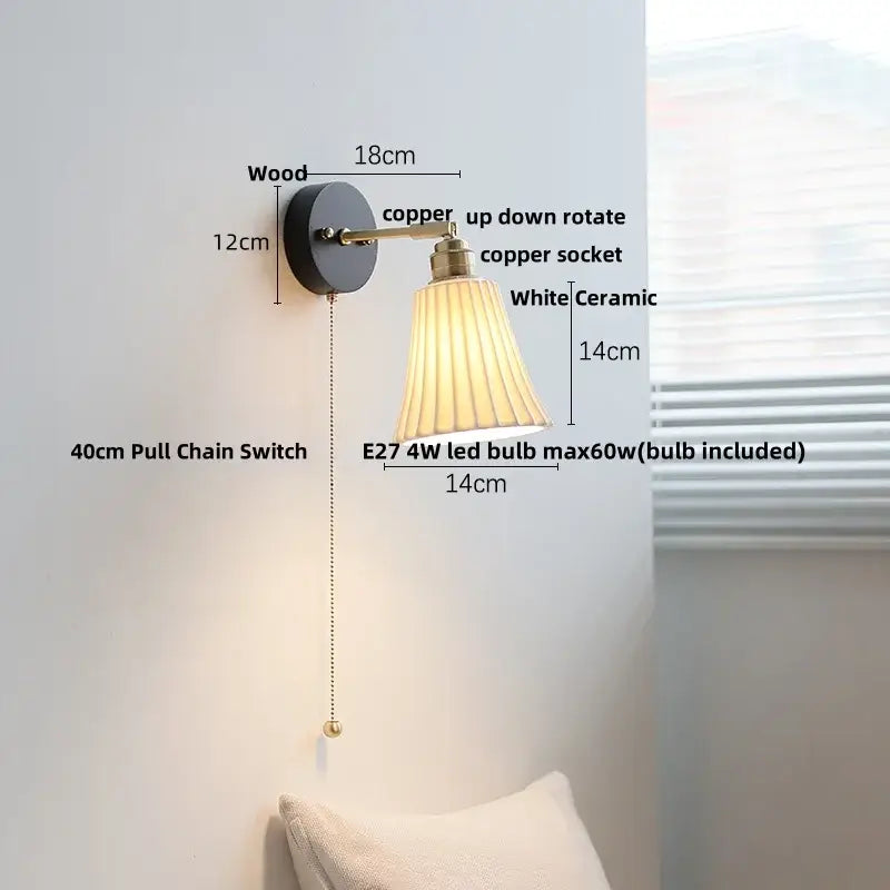 Industrial black wood led wall sconce with brass pull chain bedroom light