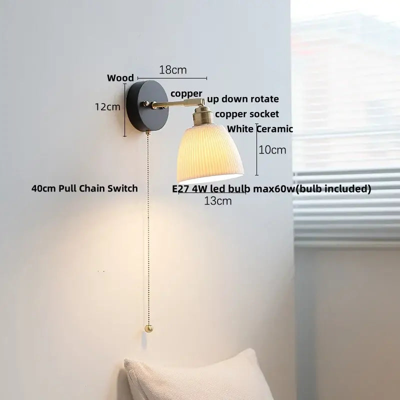 Industrial black wood led wall sconce with brass pull chain bedroom light