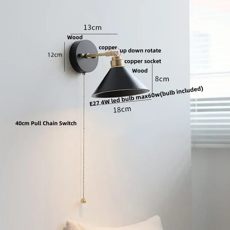 Industrial black wood led wall sconce with brass pull chain bedroom light