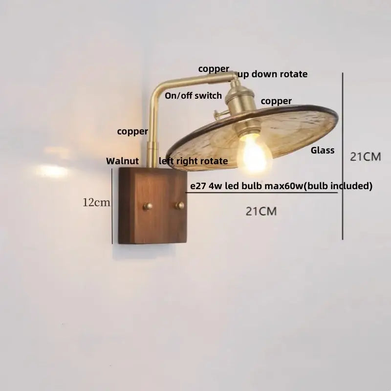 Industrial brass and walnut led wall light bedroom sconce