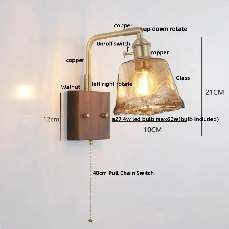 Industrial brass and walnut led wall light bedroom sconce