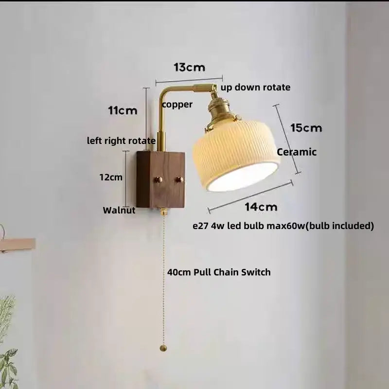Industrial brass and walnut led wall light bedroom sconce