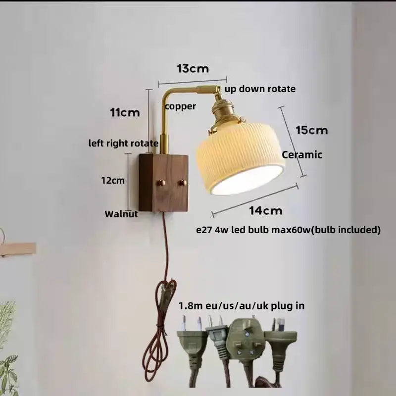 Industrial brass and walnut led wall light bedroom sconce