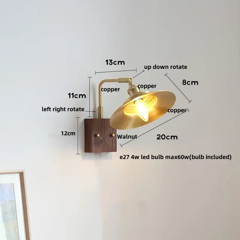 Industrial brass and walnut led wall light bedroom sconce
