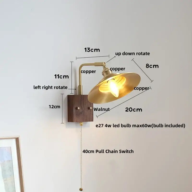 Industrial brass and walnut led wall light bedroom sconce