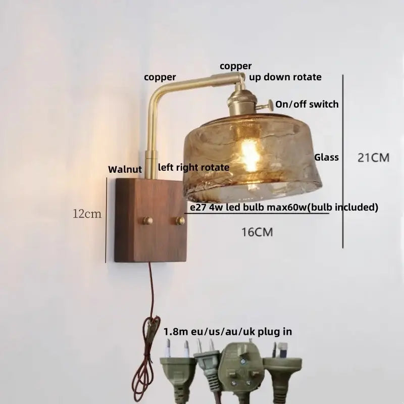 Industrial brass and walnut led wall light bedroom sconce