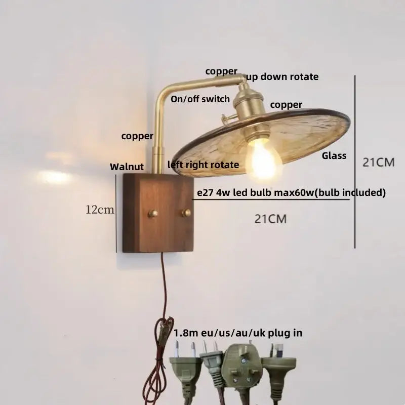Industrial brass and walnut led wall light bedroom sconce