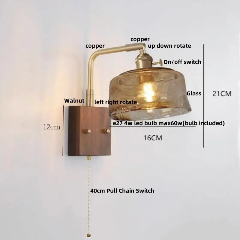 Industrial brass and walnut led wall light bedroom sconce