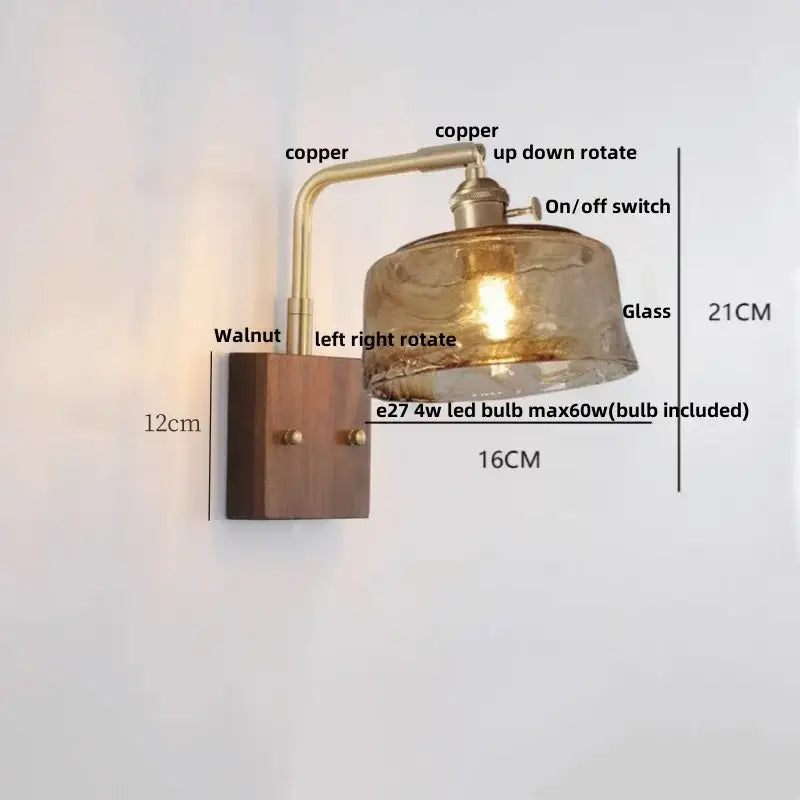 Industrial brass and walnut led wall light bedroom sconce