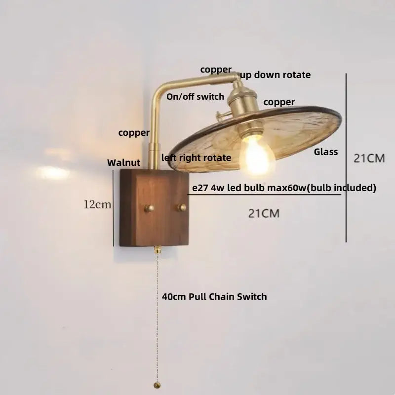 Industrial brass and walnut led wall light bedroom sconce