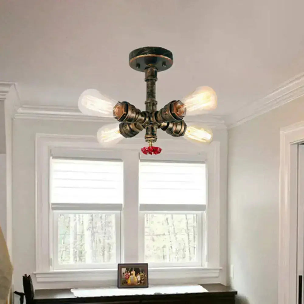 Industrial bronze semi flush foyer light with decorative valve bulb base