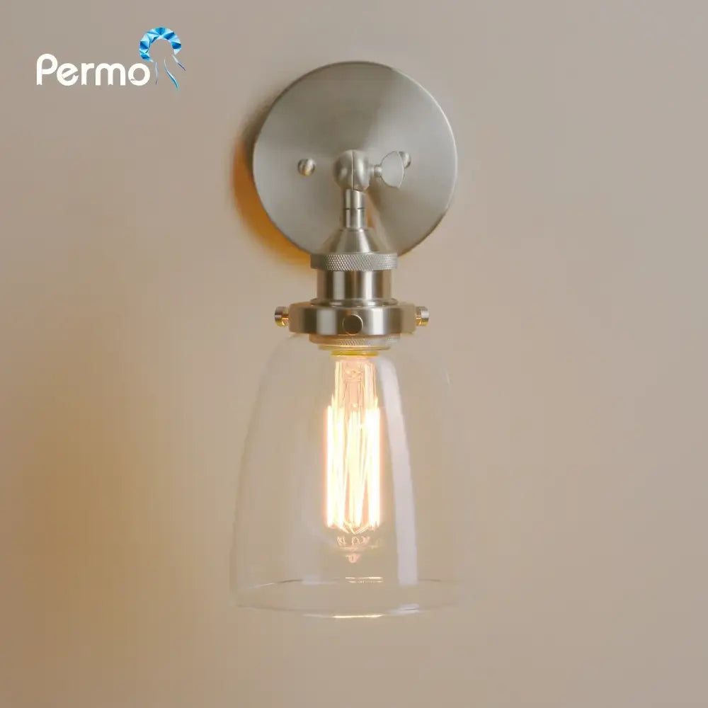 Industrial brushed nickel clear glass wall lamp bedroom sconce