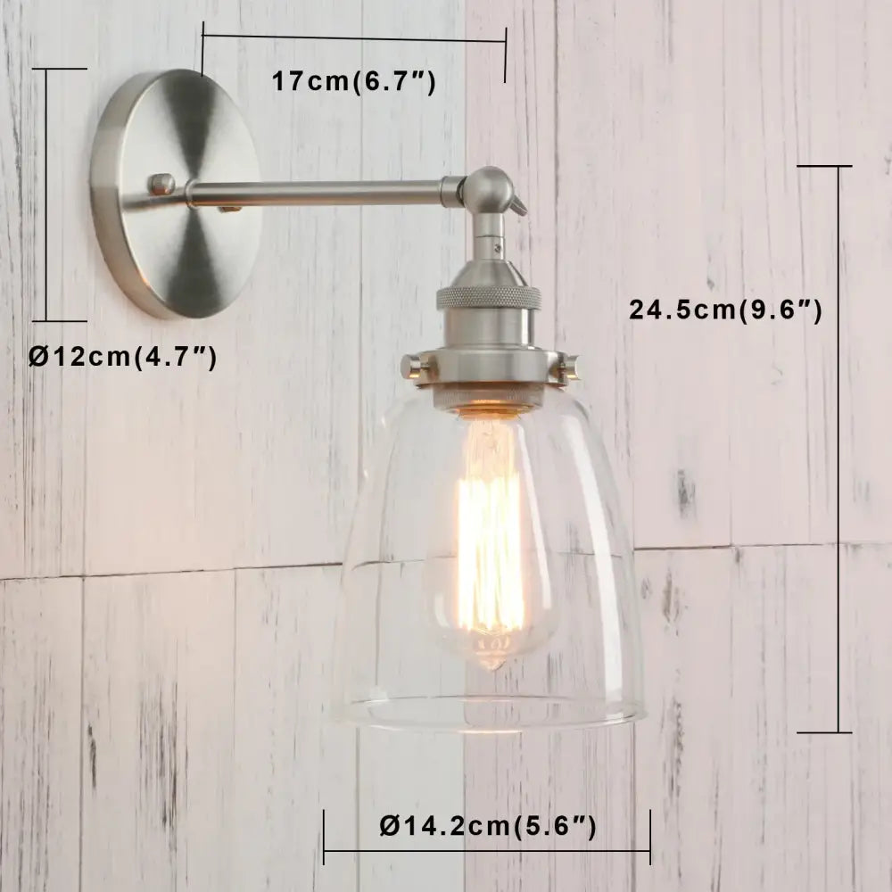Industrial brushed nickel clear glass wall lamp bedroom sconce