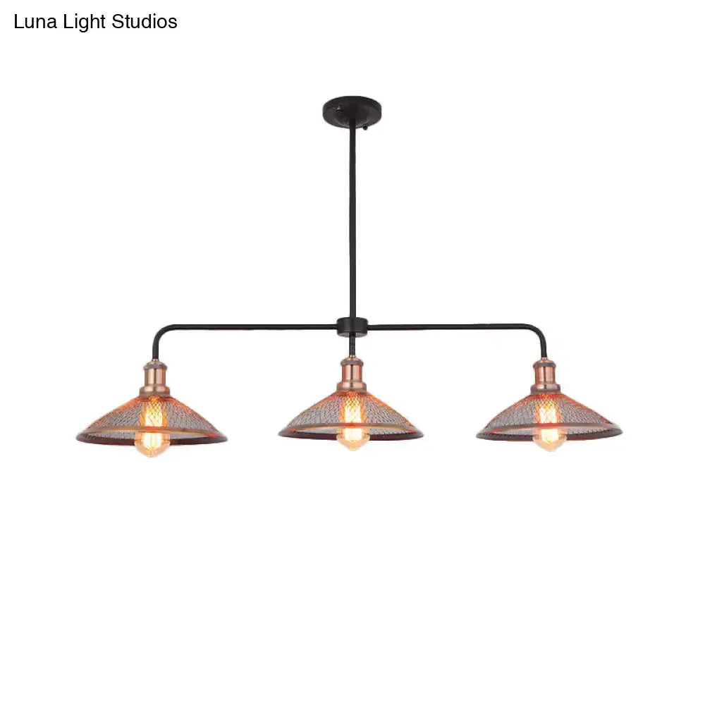 Industrial cage flared black and brass pendant light dining room