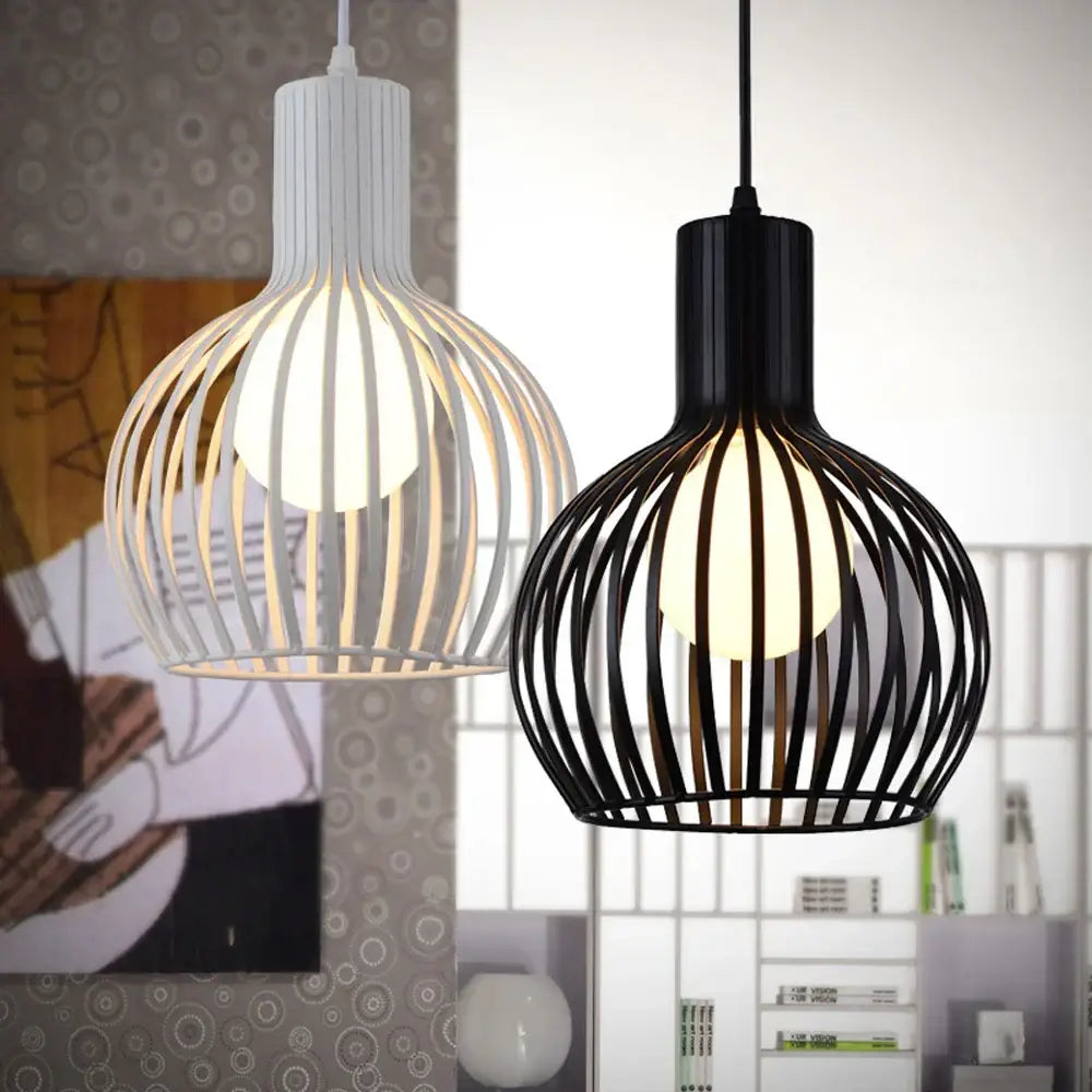 Industrial cage led pendant light black & white living room decor