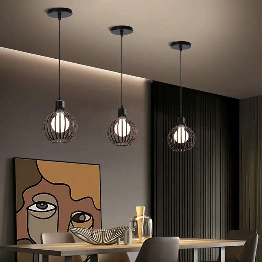 Industrial cage led pendant light black & white living room decor