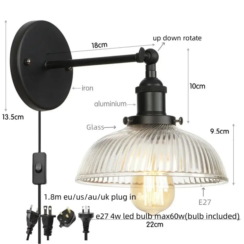 Industrial chrome clear glass wall sconce stairway ribbed light fixture