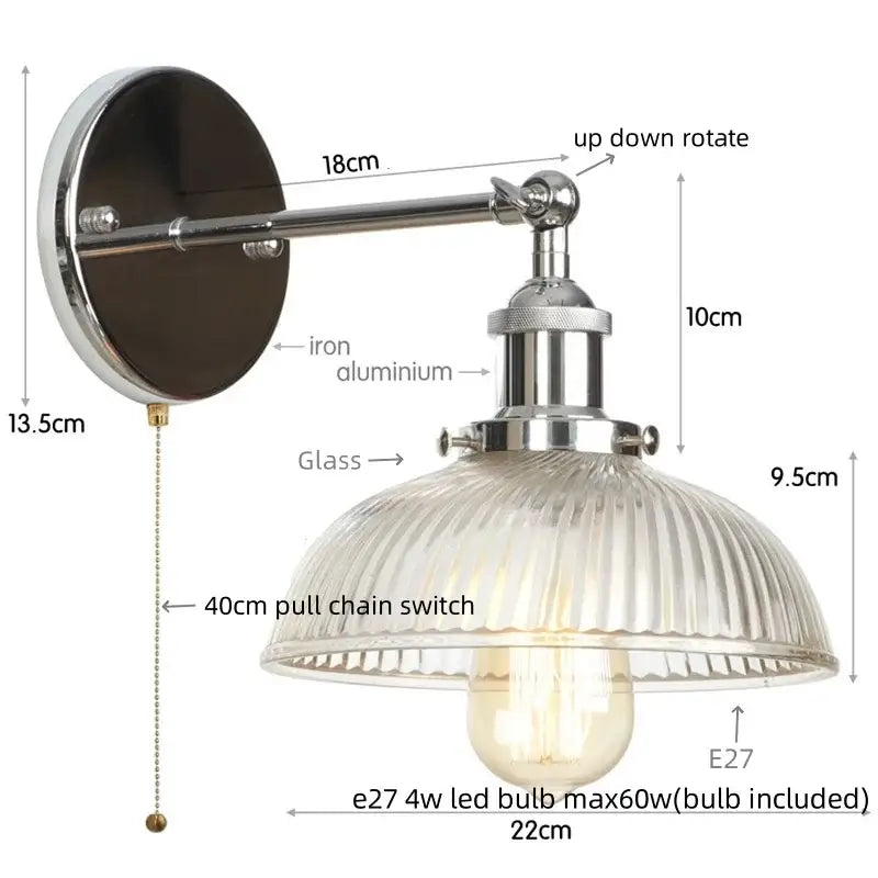 Industrial chrome clear glass wall sconce stairway ribbed light fixture
