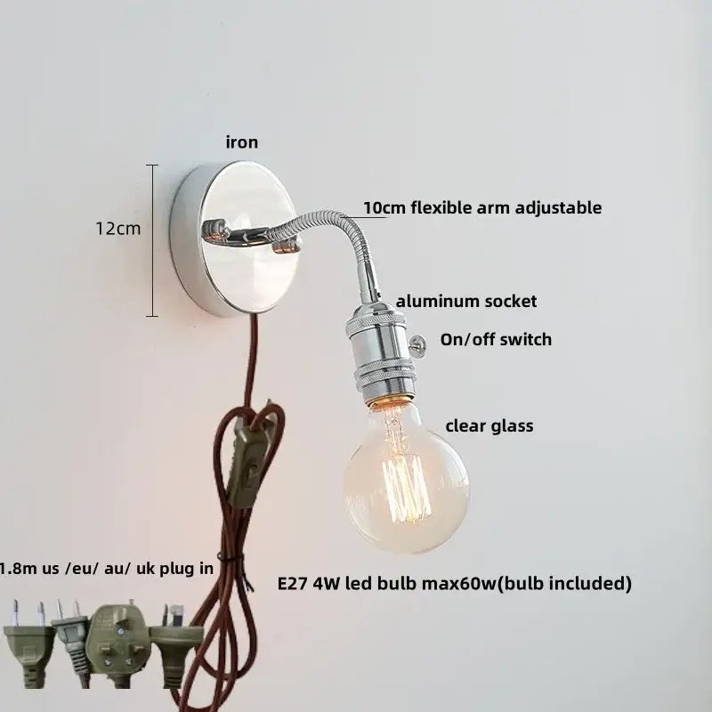 Industrial chrome flexible led wall lamp sconce bedroom reading light