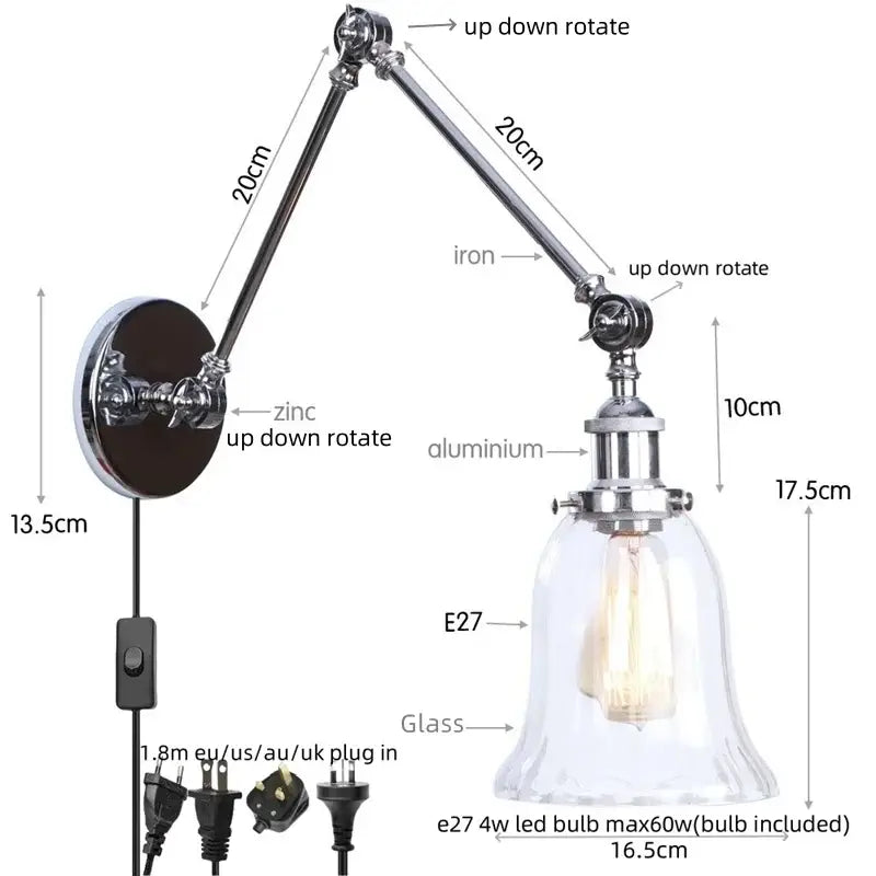 Industrial chrome wall sconce bedroom swing arm glass lamp