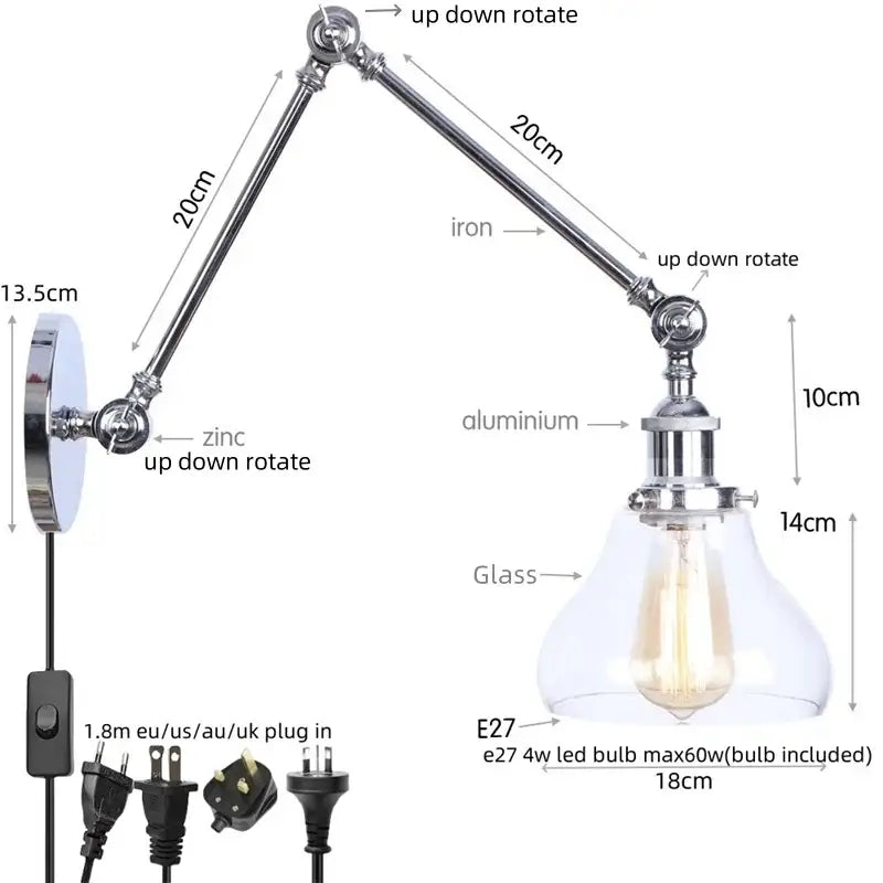 Industrial chrome wall sconce bedroom swing arm glass lamp