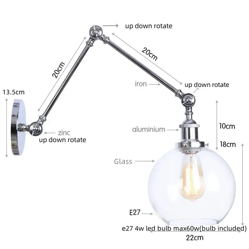 Industrial chrome wall sconce bedroom swing arm glass lamp