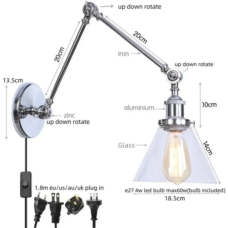 Industrial chrome wall sconce bedroom swing arm glass lamp