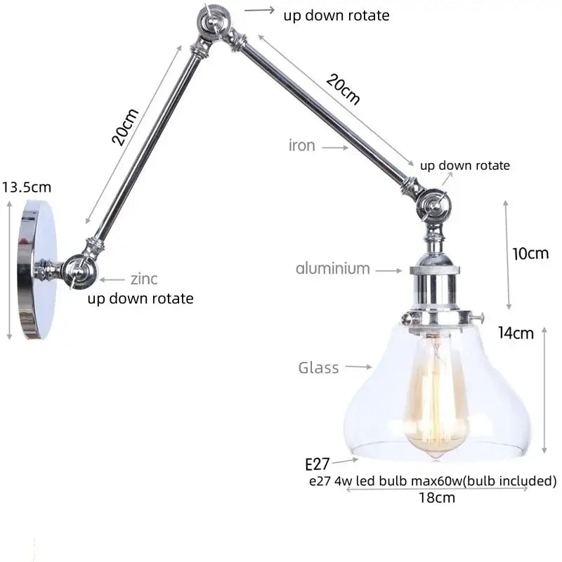 Industrial chrome wall sconce bedroom swing arm glass lamp