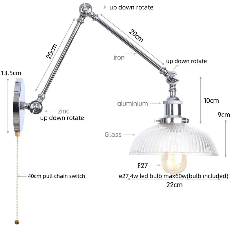 Industrial chrome wall sconce bedroom swing arm glass lamp