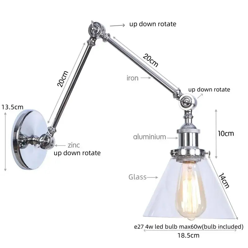 Industrial chrome wall sconce bedroom swing arm glass lamp