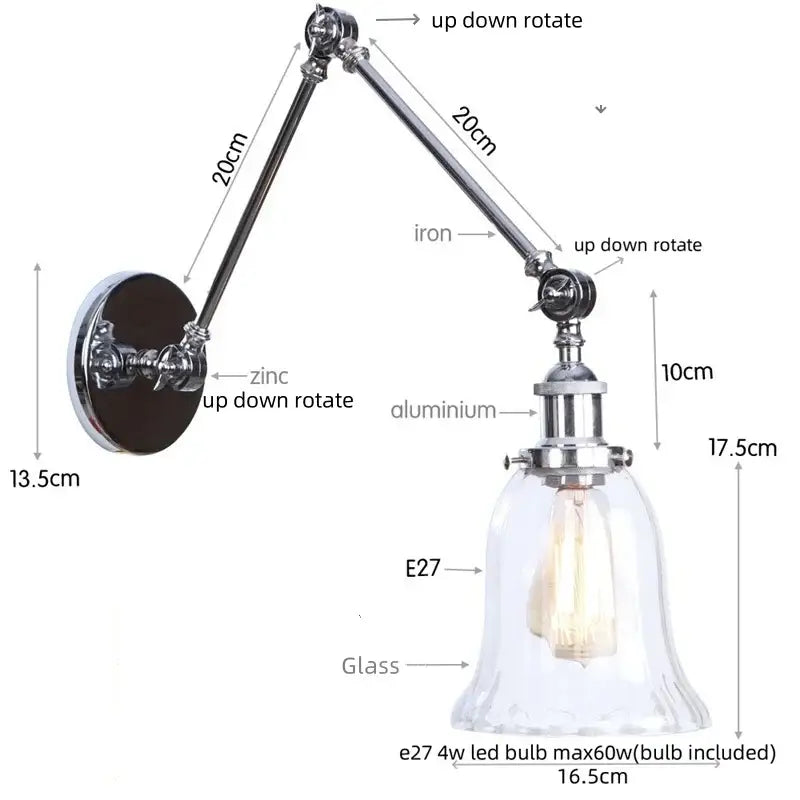 Industrial chrome wall sconce bedroom swing arm glass lamp