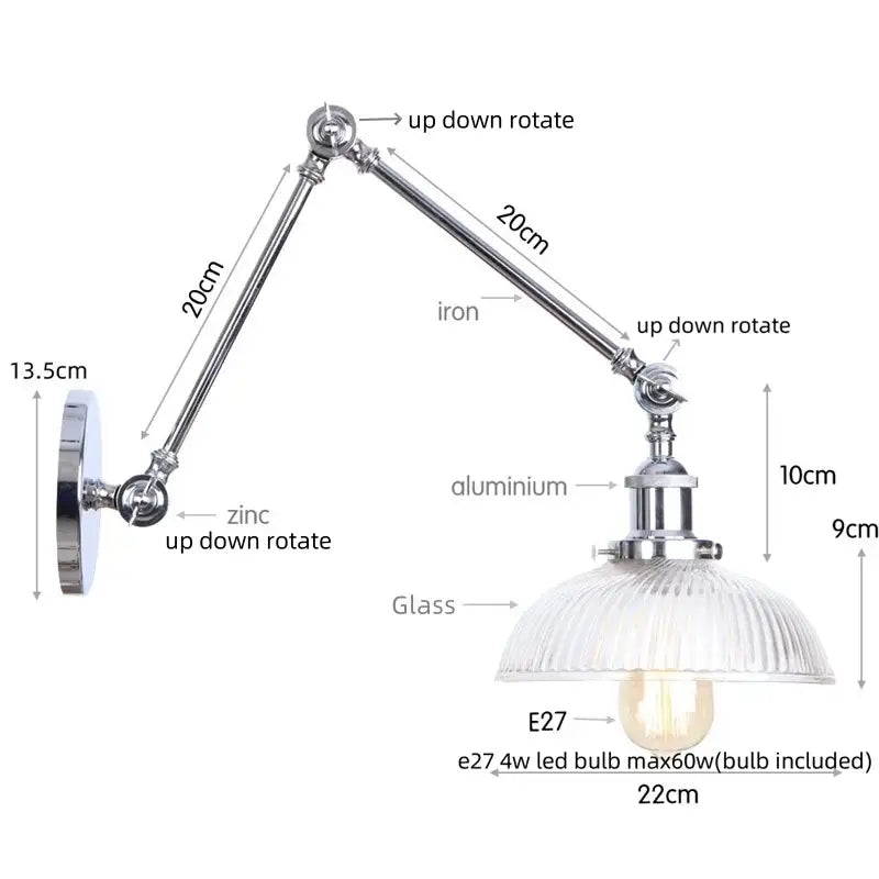 Industrial chrome wall sconce bedroom swing arm glass lamp