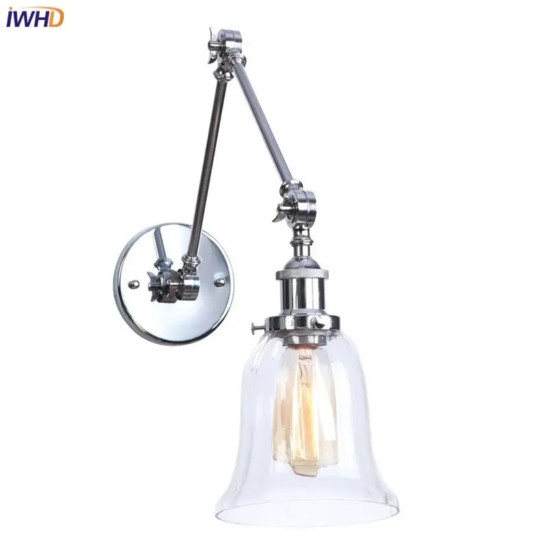 Industrial chrome wall sconce bedroom swing arm glass lamp