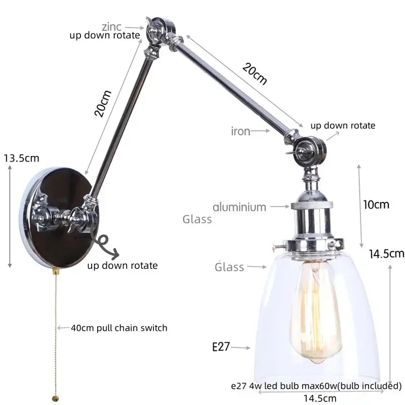 Industrial chrome wall sconce bedroom swing arm glass lamp