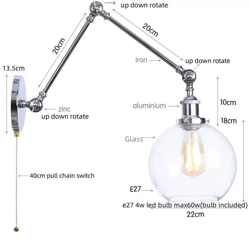 Industrial chrome wall sconce bedroom swing arm glass lamp