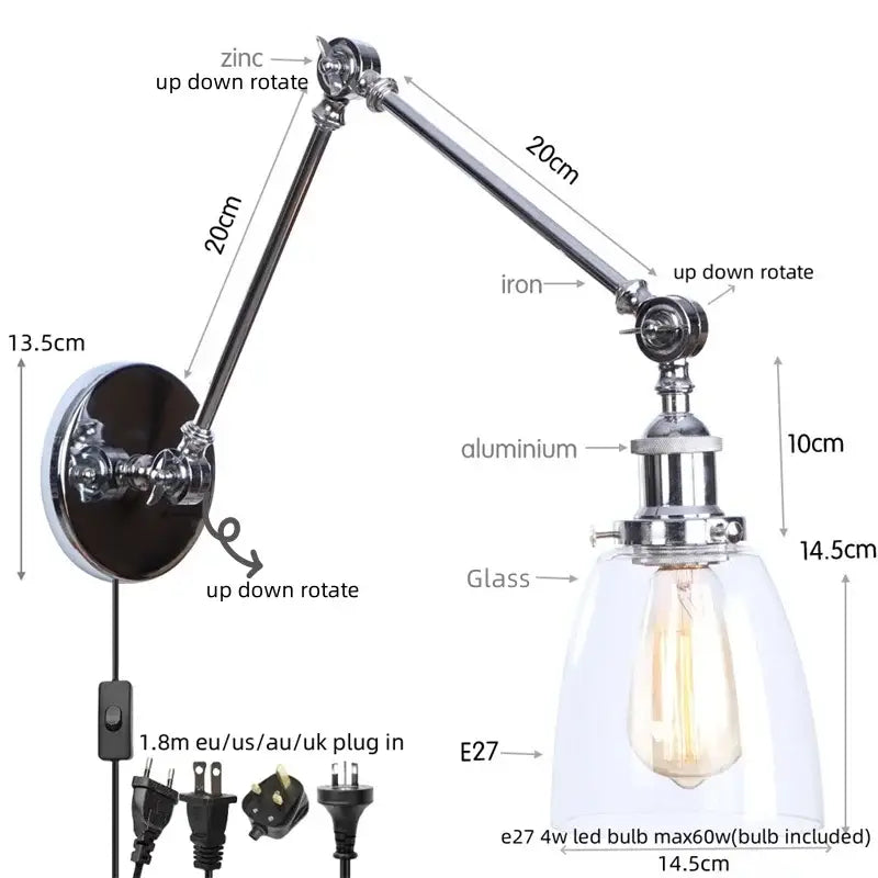 Industrial chrome wall sconce bedroom swing arm glass lamp