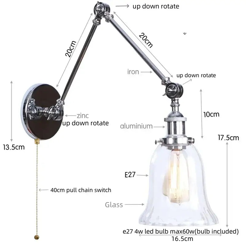 Industrial chrome wall sconce bedroom swing arm glass lamp