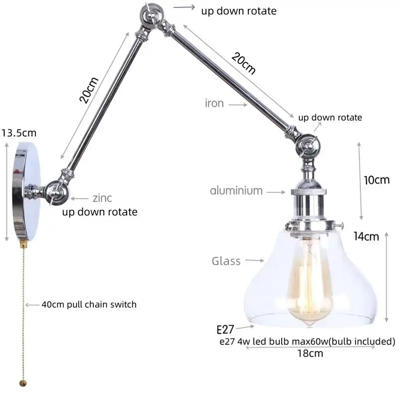 Industrial chrome wall sconce bedroom swing arm glass lamp