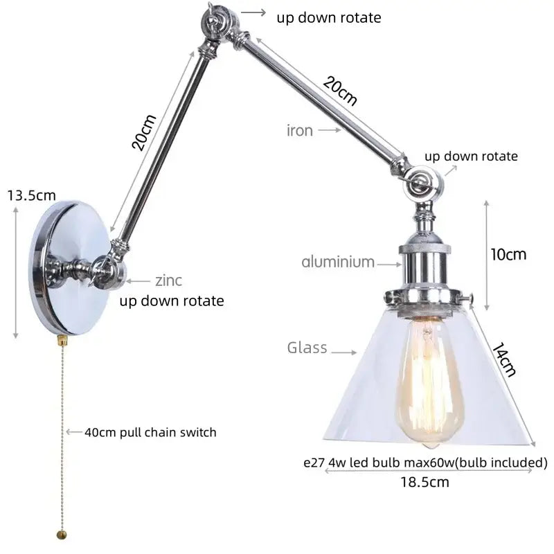 Industrial chrome wall sconce bedroom swing arm glass lamp