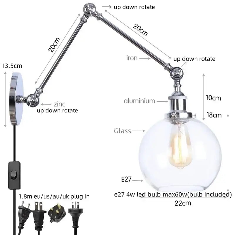 Industrial chrome wall sconce bedroom swing arm glass lamp