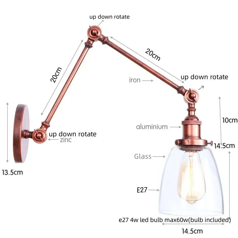 Industrial copper adjustable glass swing arm wall sconce bedroom light