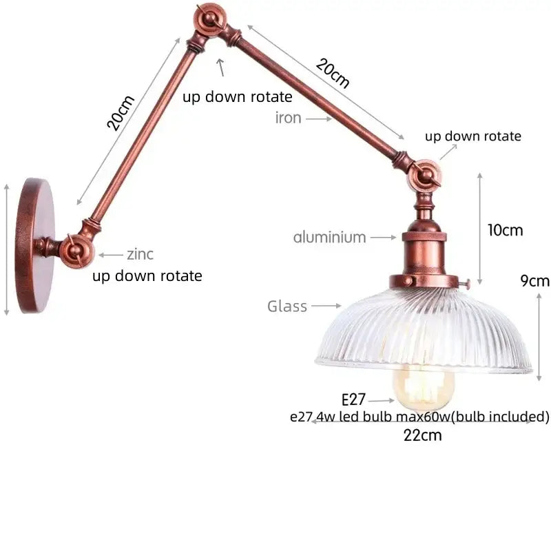 Industrial copper adjustable glass swing arm wall sconce bedroom light