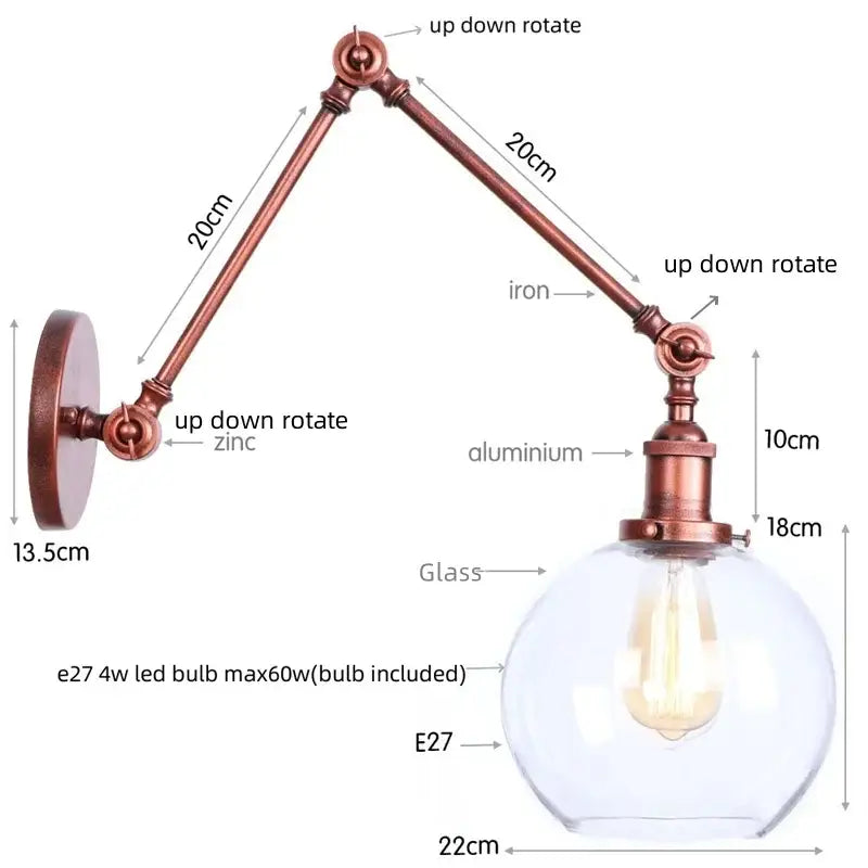 Industrial copper adjustable glass swing arm wall sconce bedroom light