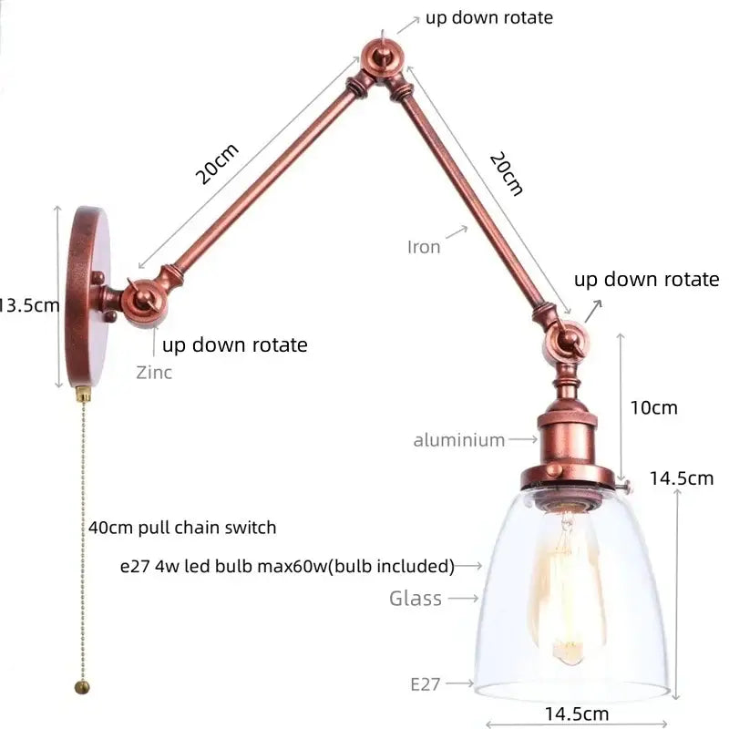 Industrial copper adjustable glass swing arm wall sconce bedroom light