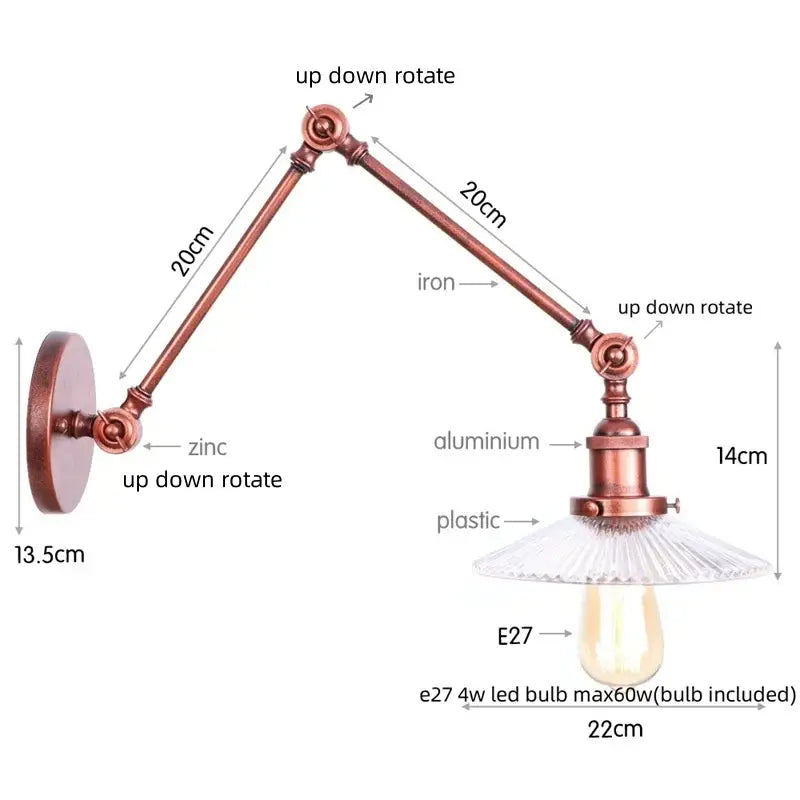 Industrial copper adjustable glass swing arm wall sconce bedroom light