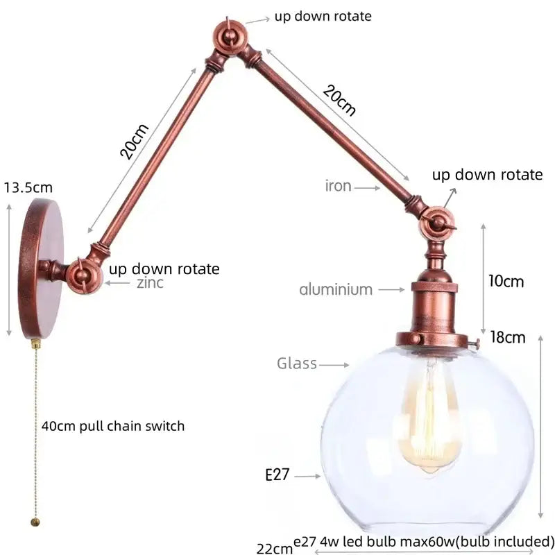 Industrial copper adjustable glass swing arm wall sconce bedroom light