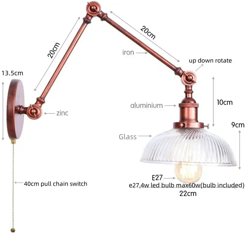 Industrial copper adjustable glass swing arm wall sconce bedroom light