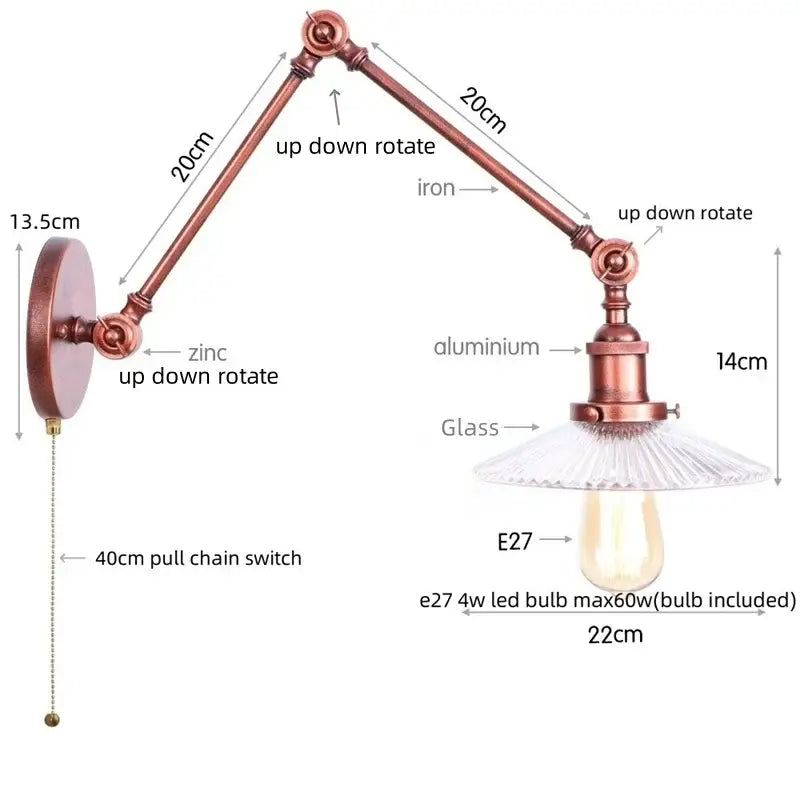 Industrial copper adjustable glass swing arm wall sconce bedroom light