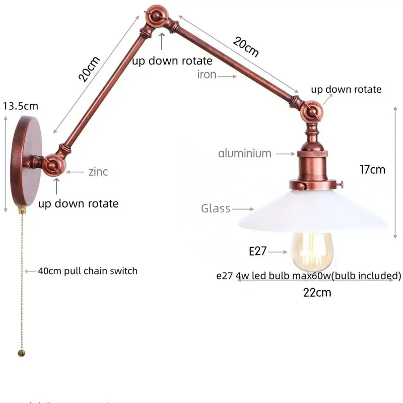Industrial copper adjustable glass swing arm wall sconce bedroom light